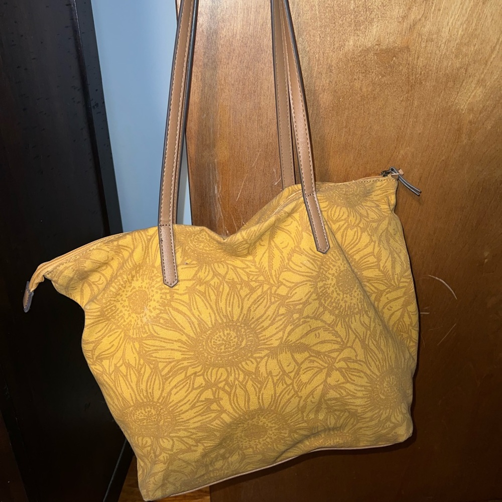 Sunflower-Print Yellow Tote Bag with Tan Straps